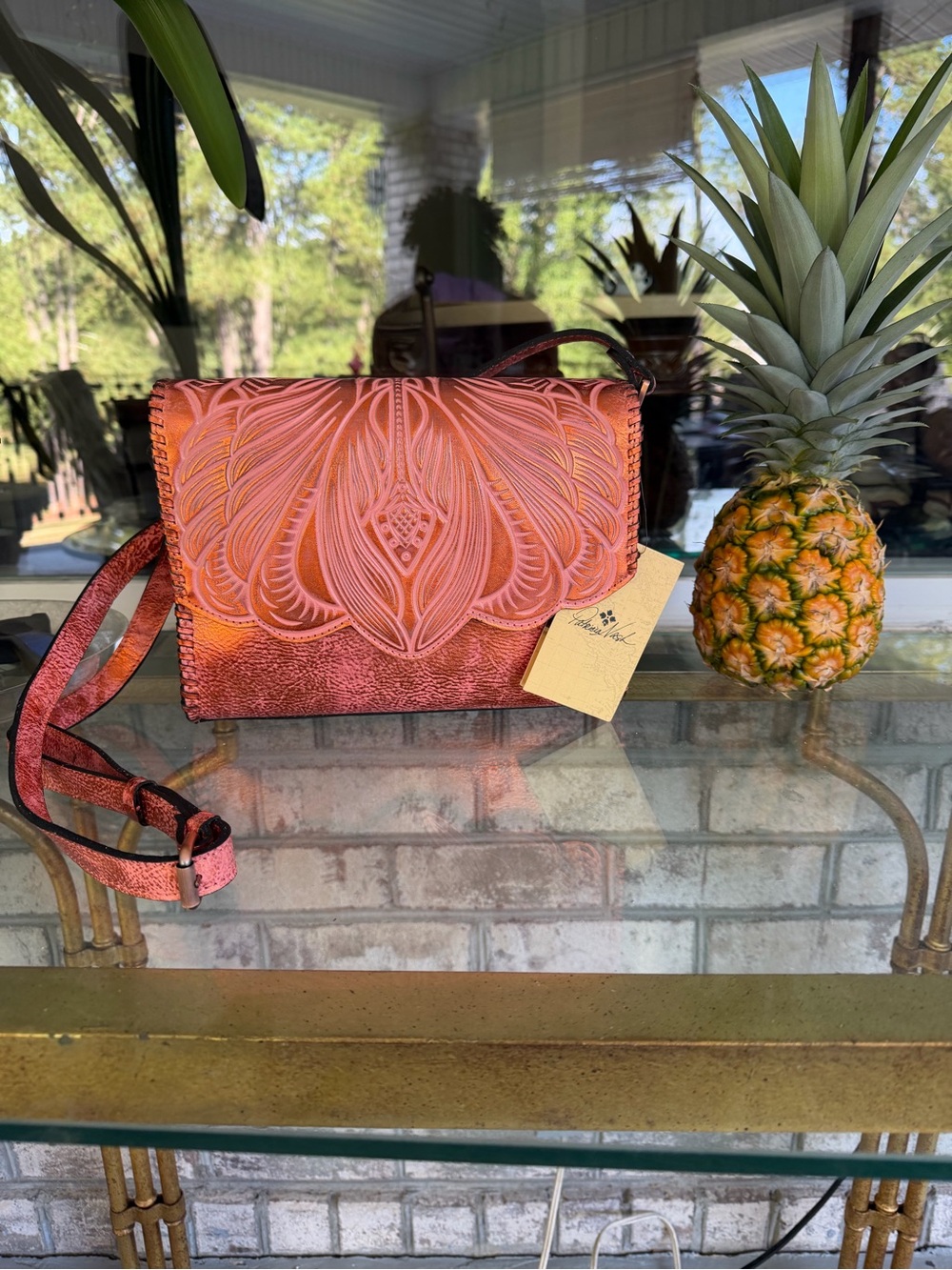 Patricia Nash Embossed Coral-Orange Leather Crossbody